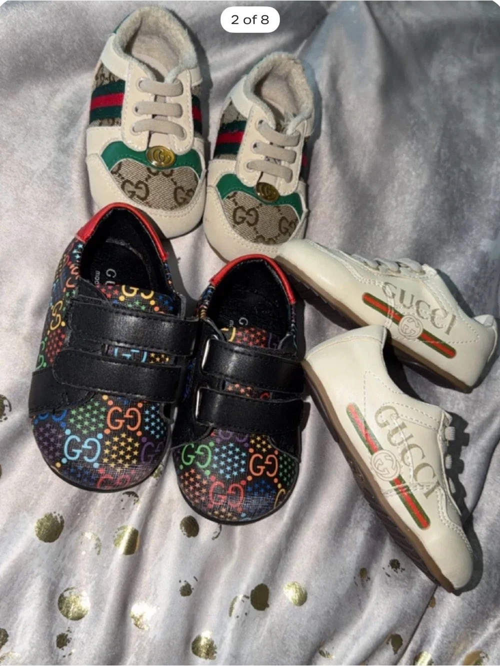 Gucci Kids Multi-Color GG Logo and White Leather T-Strap Sneakers